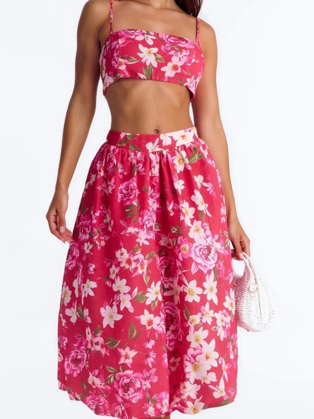 Floral Linen Pink Bubble Midi Skirt
